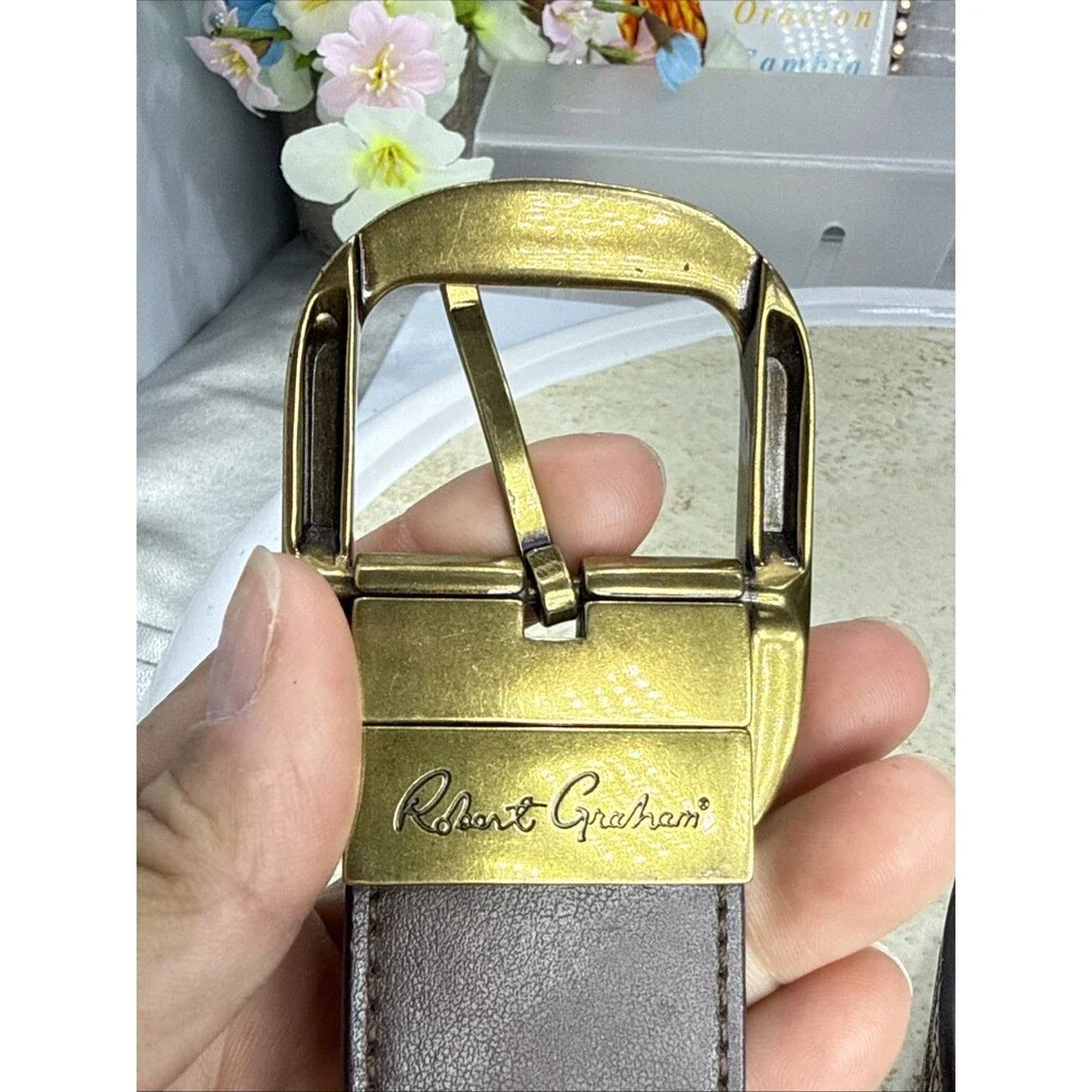 (H)Robert Graham Barnstable Reversible Brown Leather Belt Gold Buckle 36